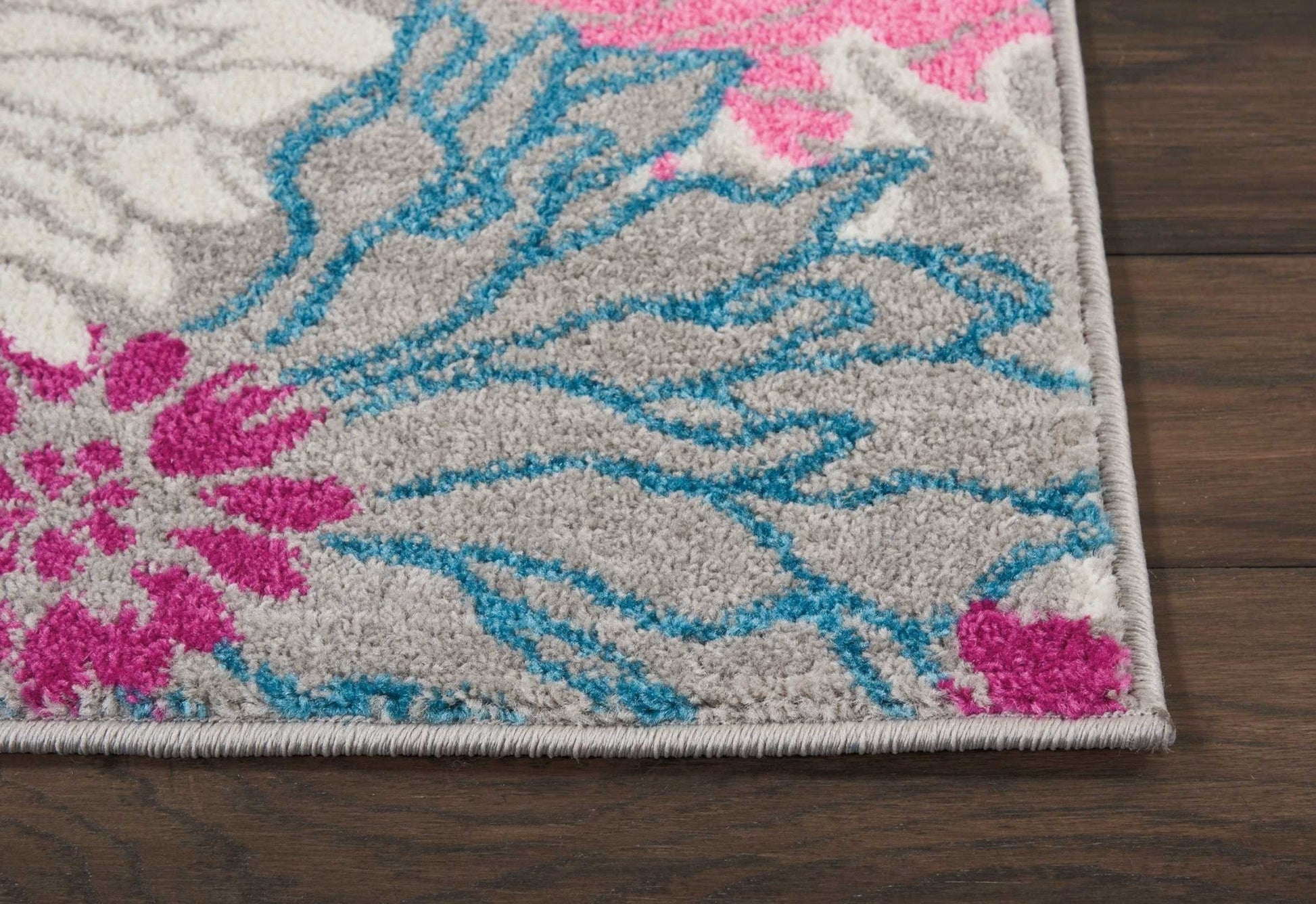 HomeRoots 2' x 6' Gray and Pink Tropical Flower Runner Rug