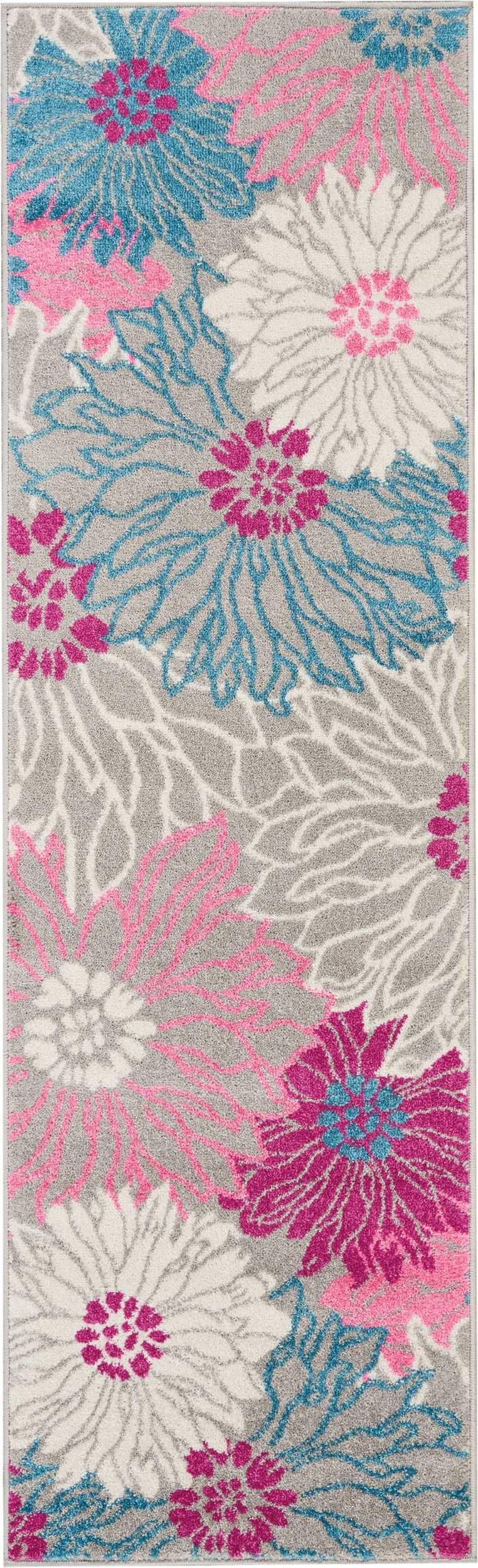HomeRoots 2' x 6' Gray and Pink Tropical Flower Runner Rug