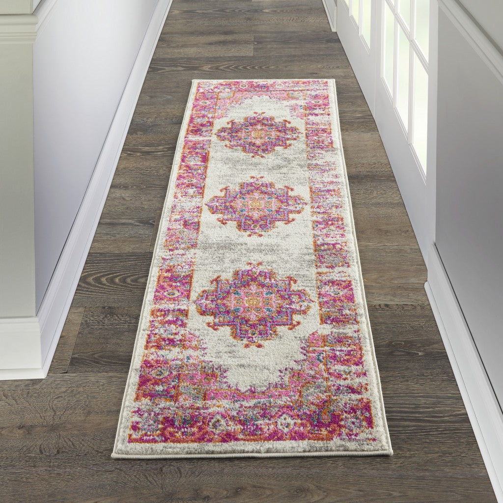 HomeRoots 2' x 6' Ivory and Fuchsia Distressed Runner Rug