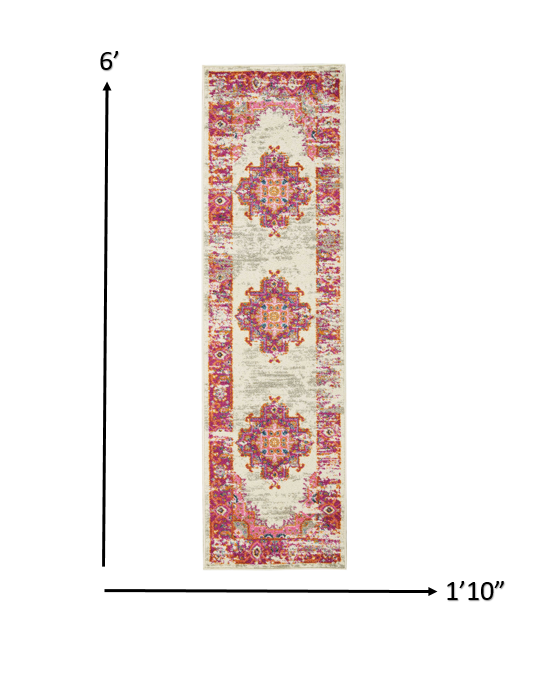 HomeRoots 2' x 6' Ivory and Fuchsia Distressed Runner Rug