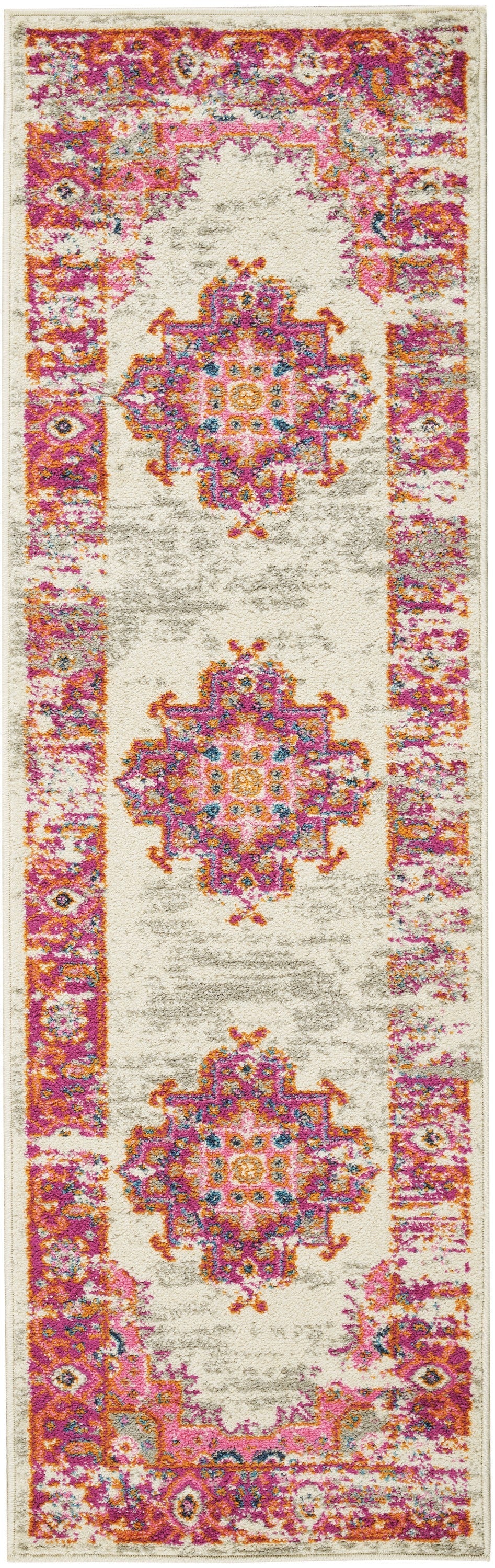 HomeRoots 2' x 6' Ivory and Fuchsia Distressed Runner Rug