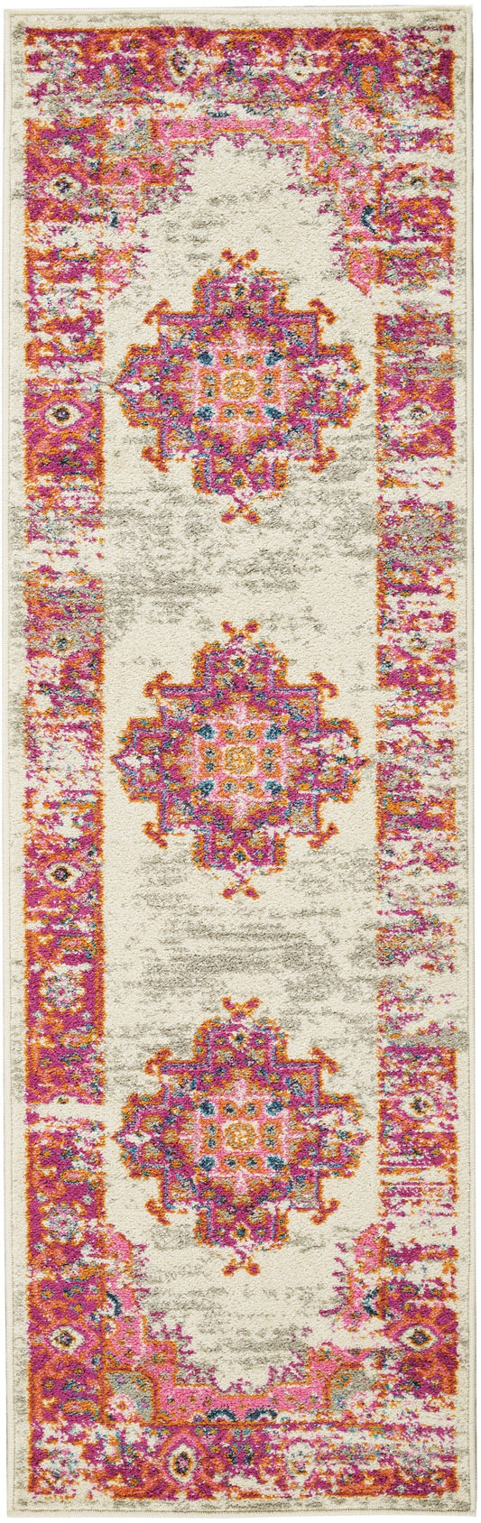 HomeRoots 2' x 6' Ivory and Fuchsia Distressed Runner Rug