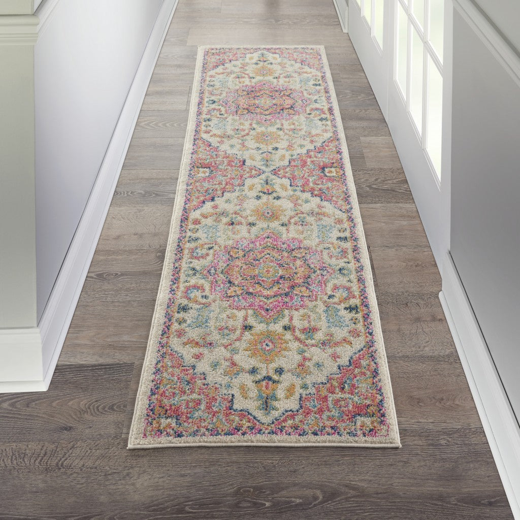 HomeRoots 2' x 6' Ivory and Pink Medallion Runner Rug