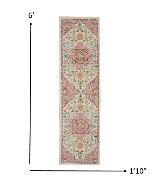 HomeRoots 2' x 6' Ivory and Pink Medallion Runner Rug