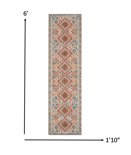 HomeRoots 2' x 6' Ivory and Red Diamonds Runner Rug