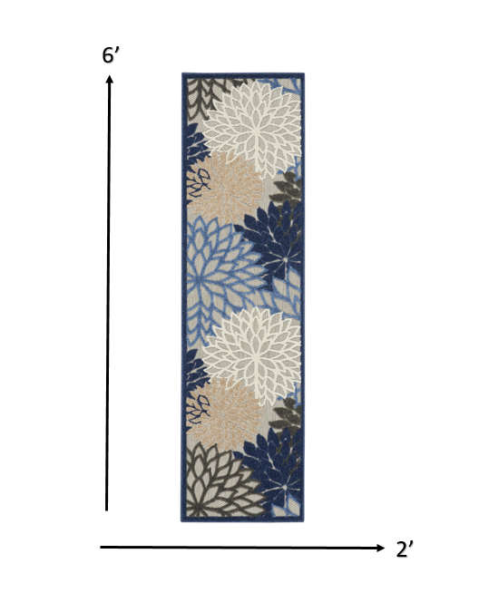 HomeRoots 2’ x 6’ Large Floral Indoor Outdoor Runner Rug in Blue Finish