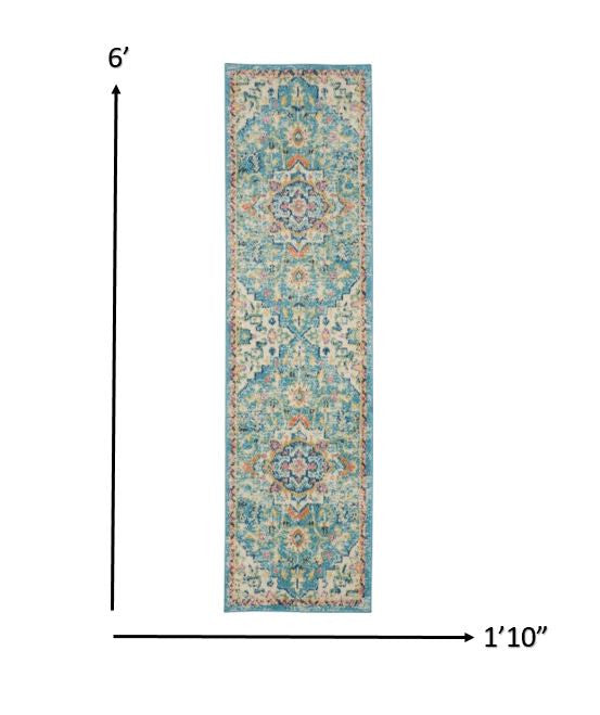 HomeRoots 2' x 6' Light Blue and Ivory Distressed Runner Rug