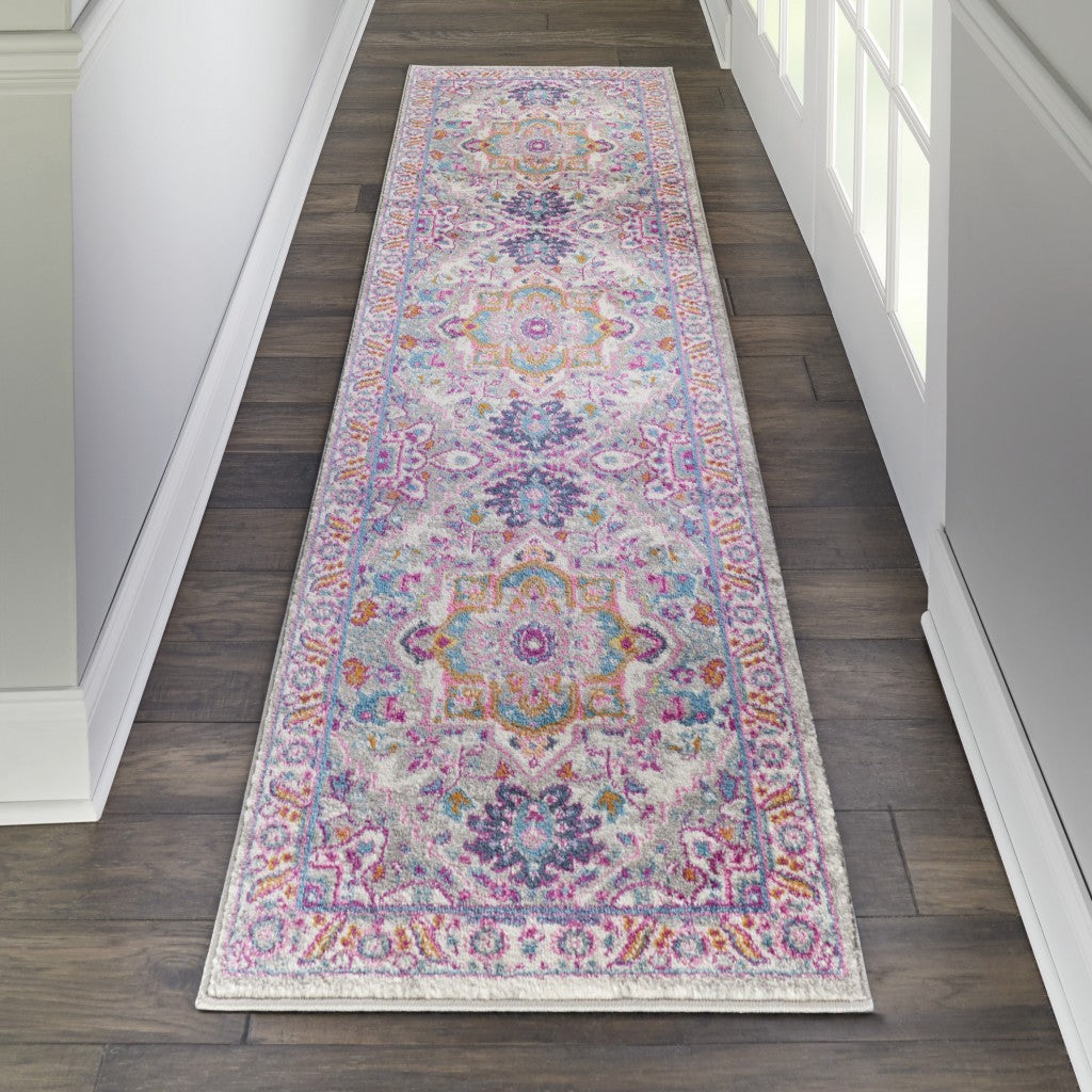 HomeRoots 2' x 6' Light Gray and Pink Medallion Runner Rug