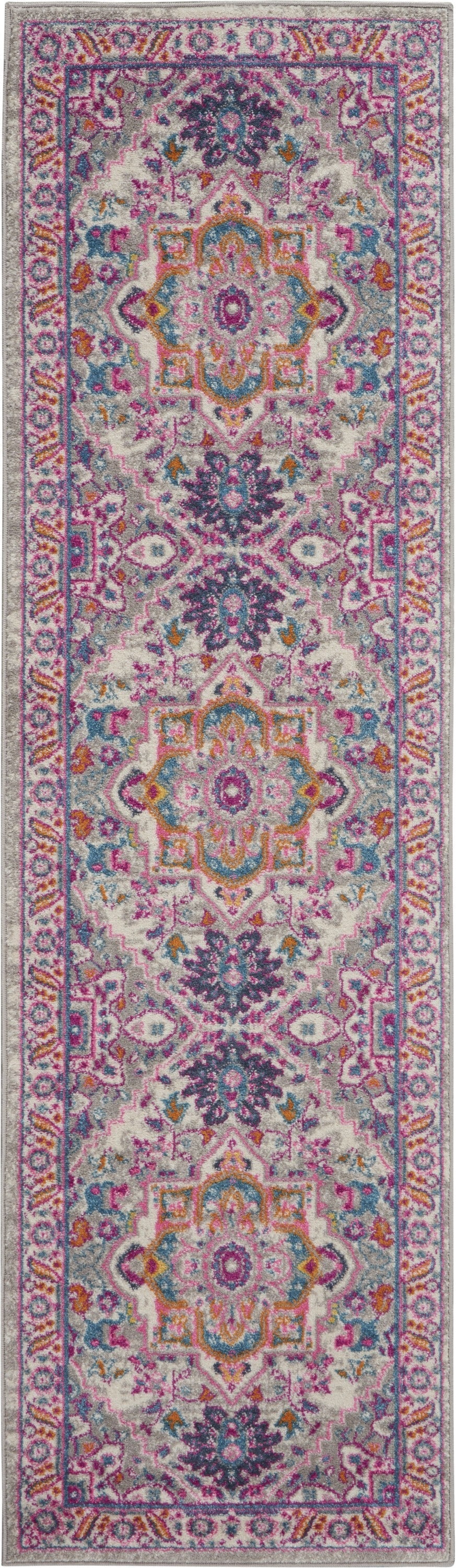 HomeRoots 2' x 6' Light Gray and Pink Medallion Runner Rug