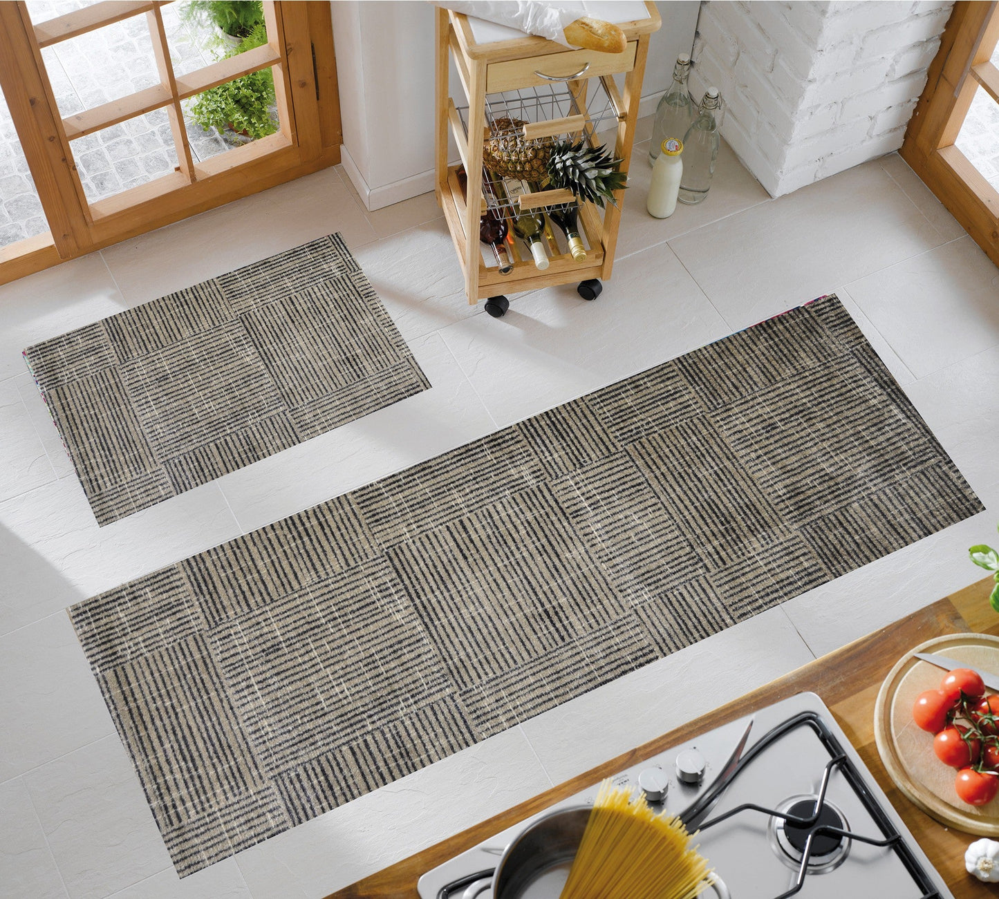 HomeRoots 2' x 6' Modern Geo Lines in Squares Washable Runner Rug