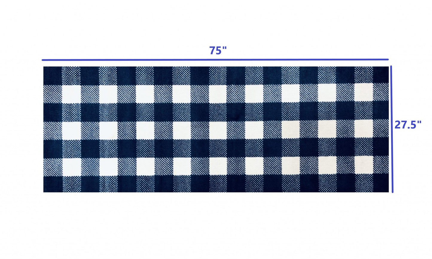 HomeRoots 2' x 6' Navy and White Buffalo Plaid Washable Runner Rug