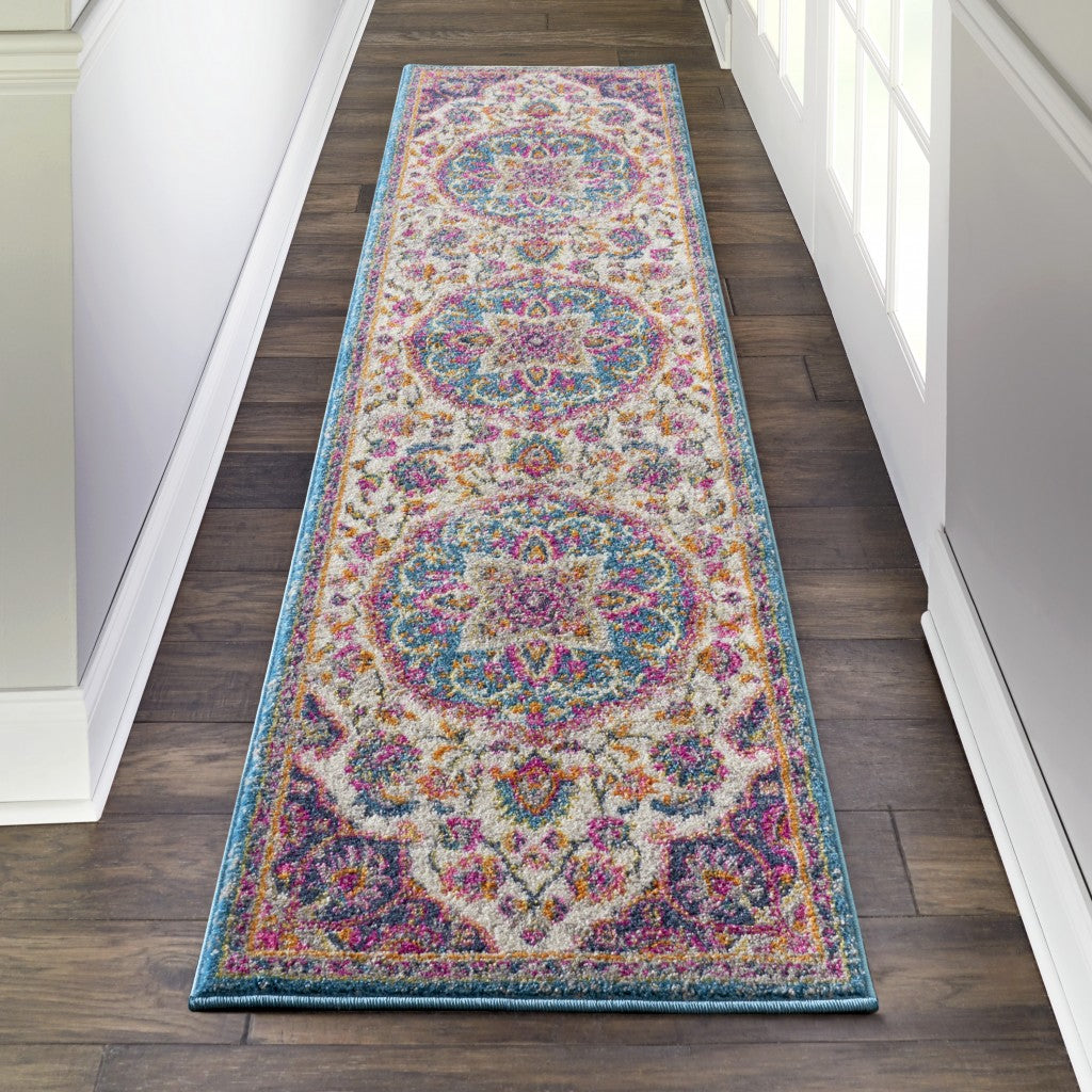 HomeRoots 2' x 6' Pink and Blue Floral Medallion Runner Rug