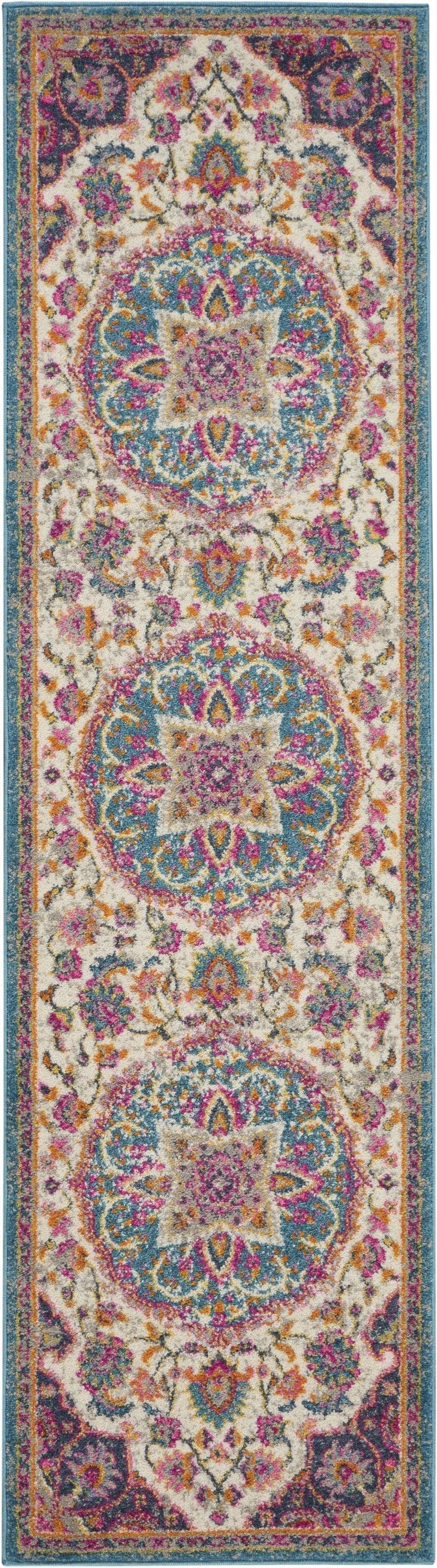 HomeRoots 2' x 6' Pink and Blue Floral Medallion Runner Rug