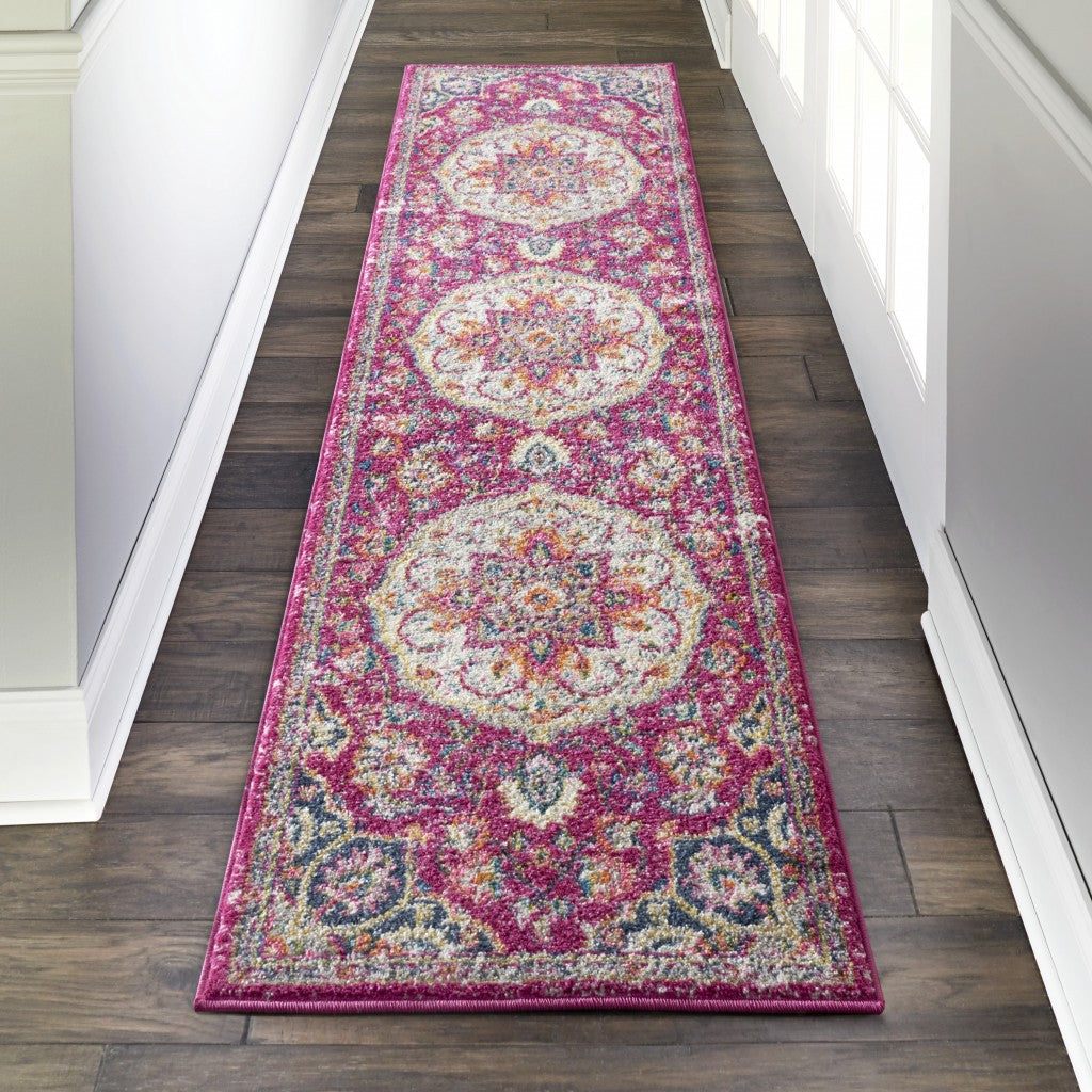 HomeRoots 2' x 6' Pink and Ivory Medallion Runner Rug