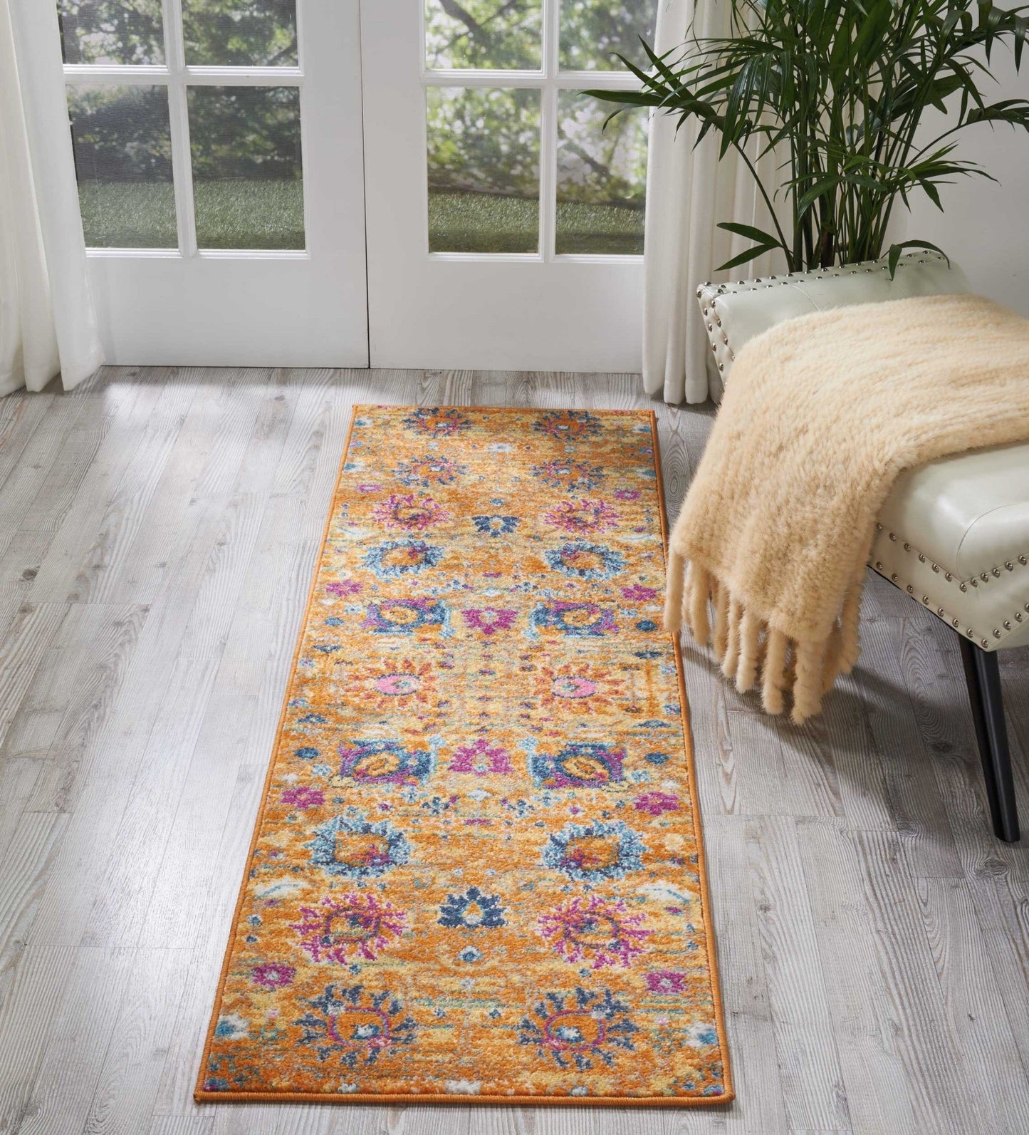 HomeRoots 2' x 6' Sun Gold and Navy Distressed Runner Rug