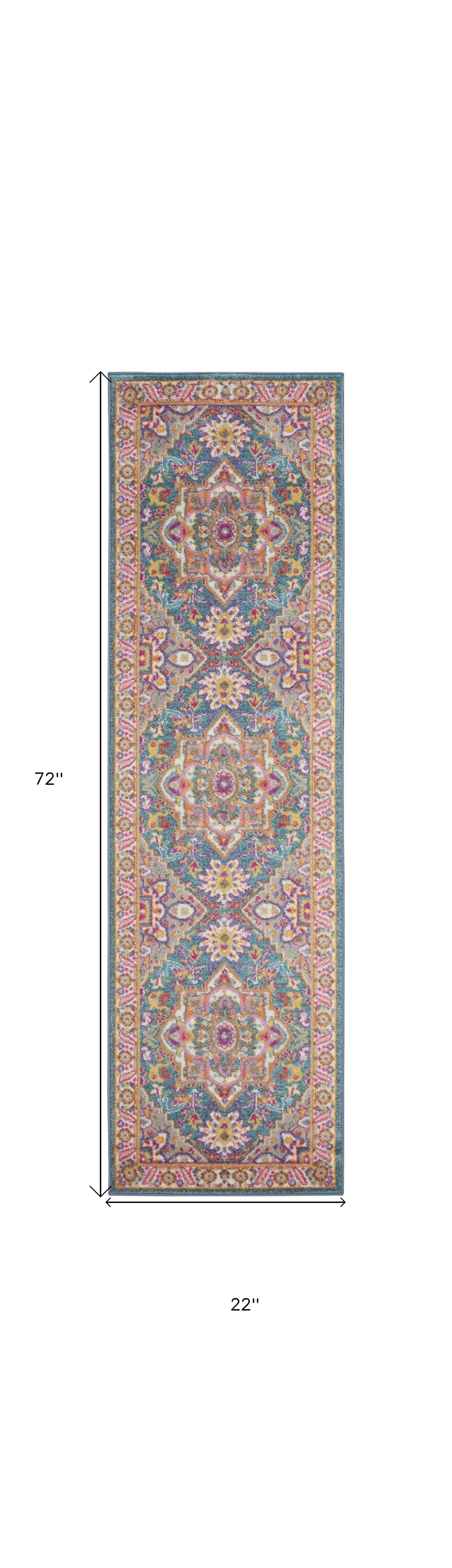 HomeRoots 2' x 6' Teal and Pink Medallion Runner Rug