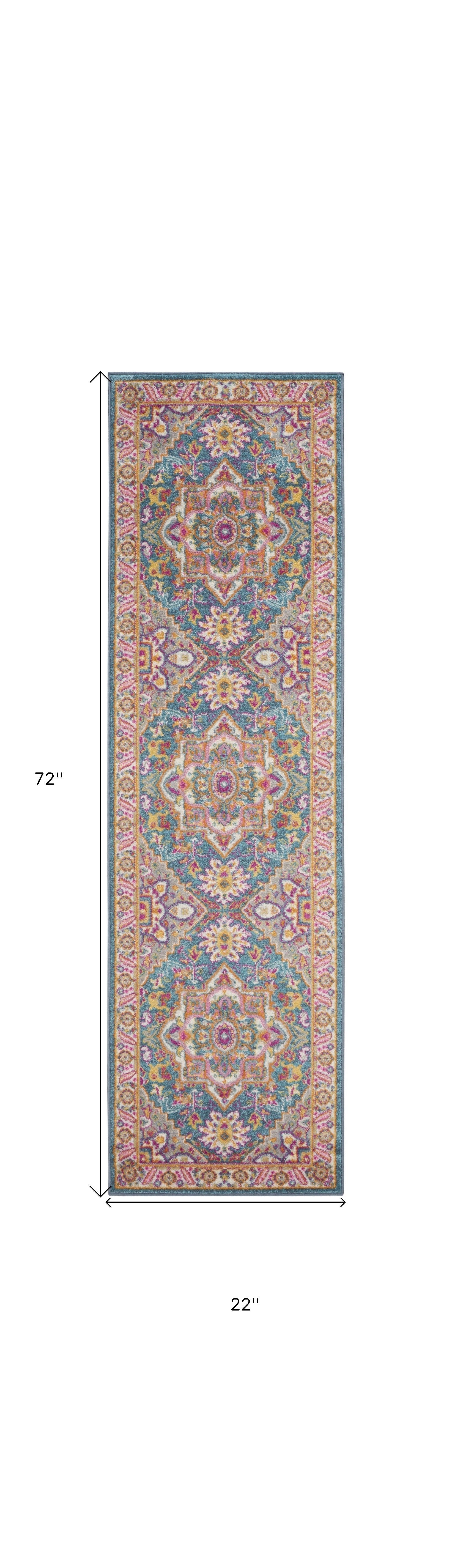 HomeRoots 2' x 6' Teal and Pink Medallion Runner Rug