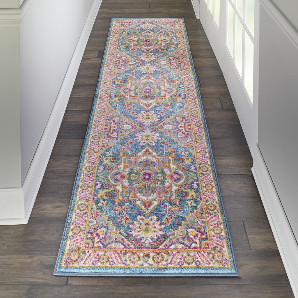 HomeRoots 2' x 6' Teal and Pink Medallion Runner Rug