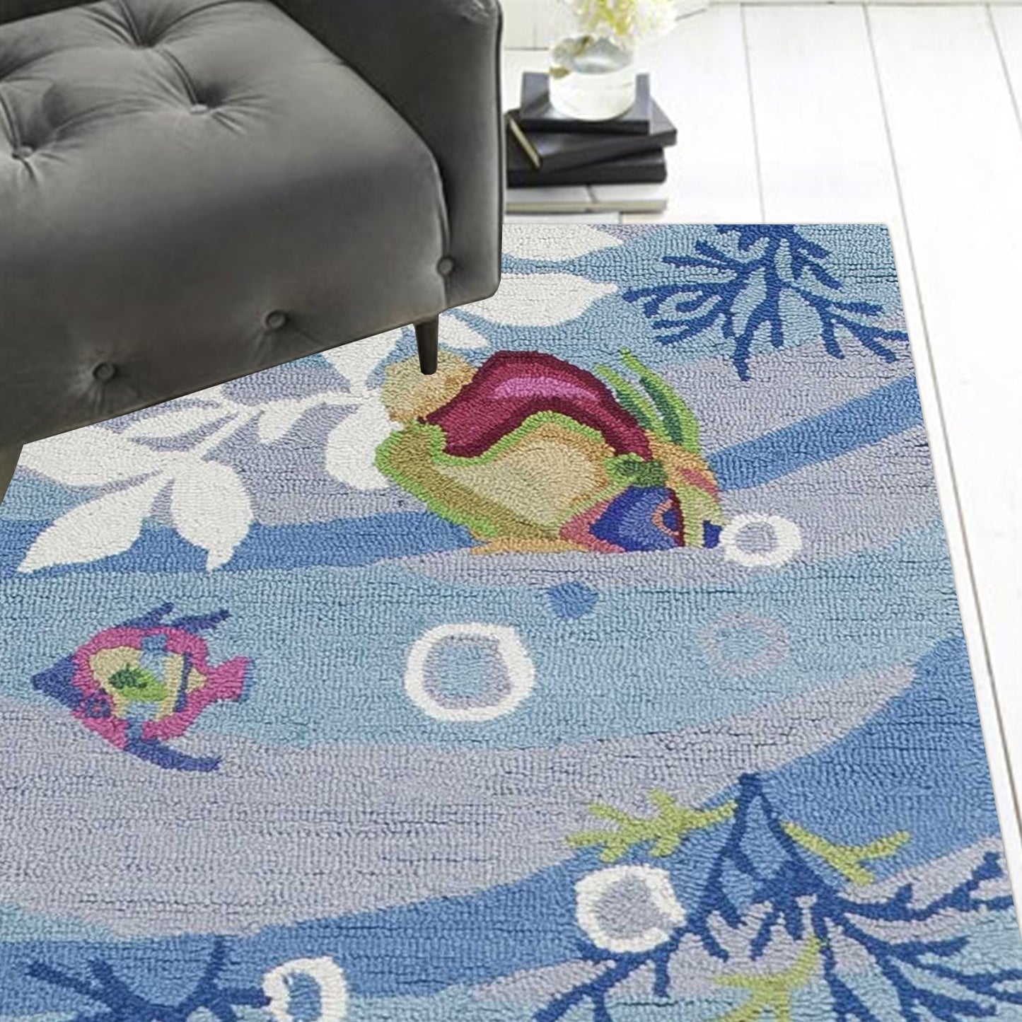 HomeRoots 2' x 7' Blue Aquatic Tropical Runner Rug