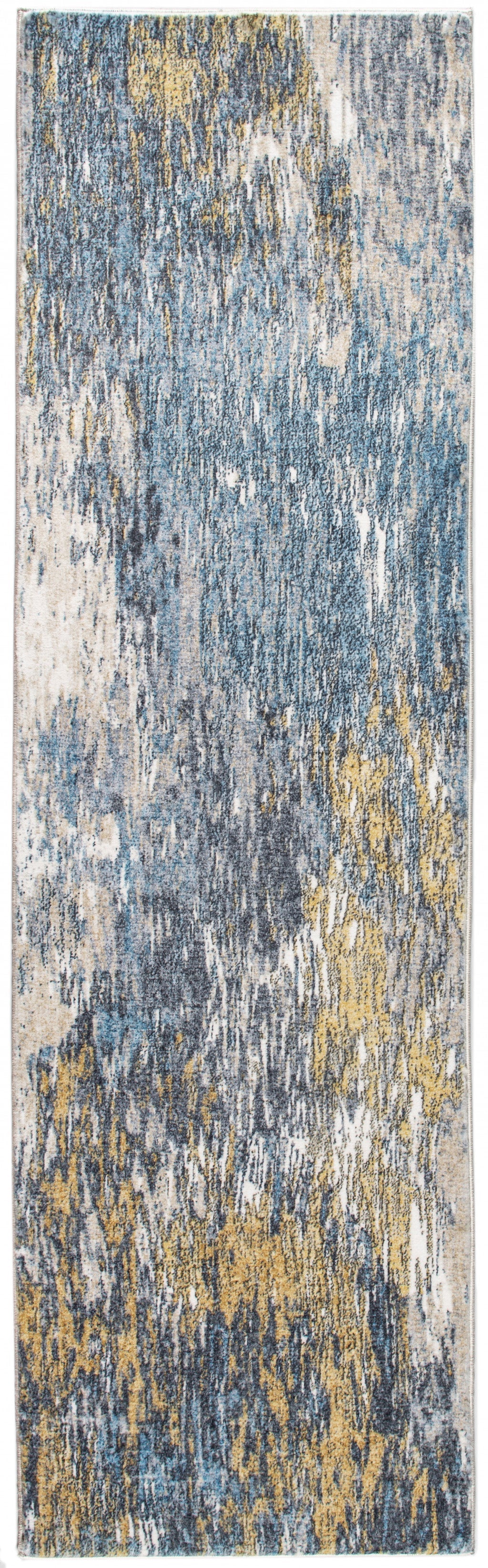 HomeRoots 2' x 7' Blue Gold Abstract Painting Modern Runner Rug
