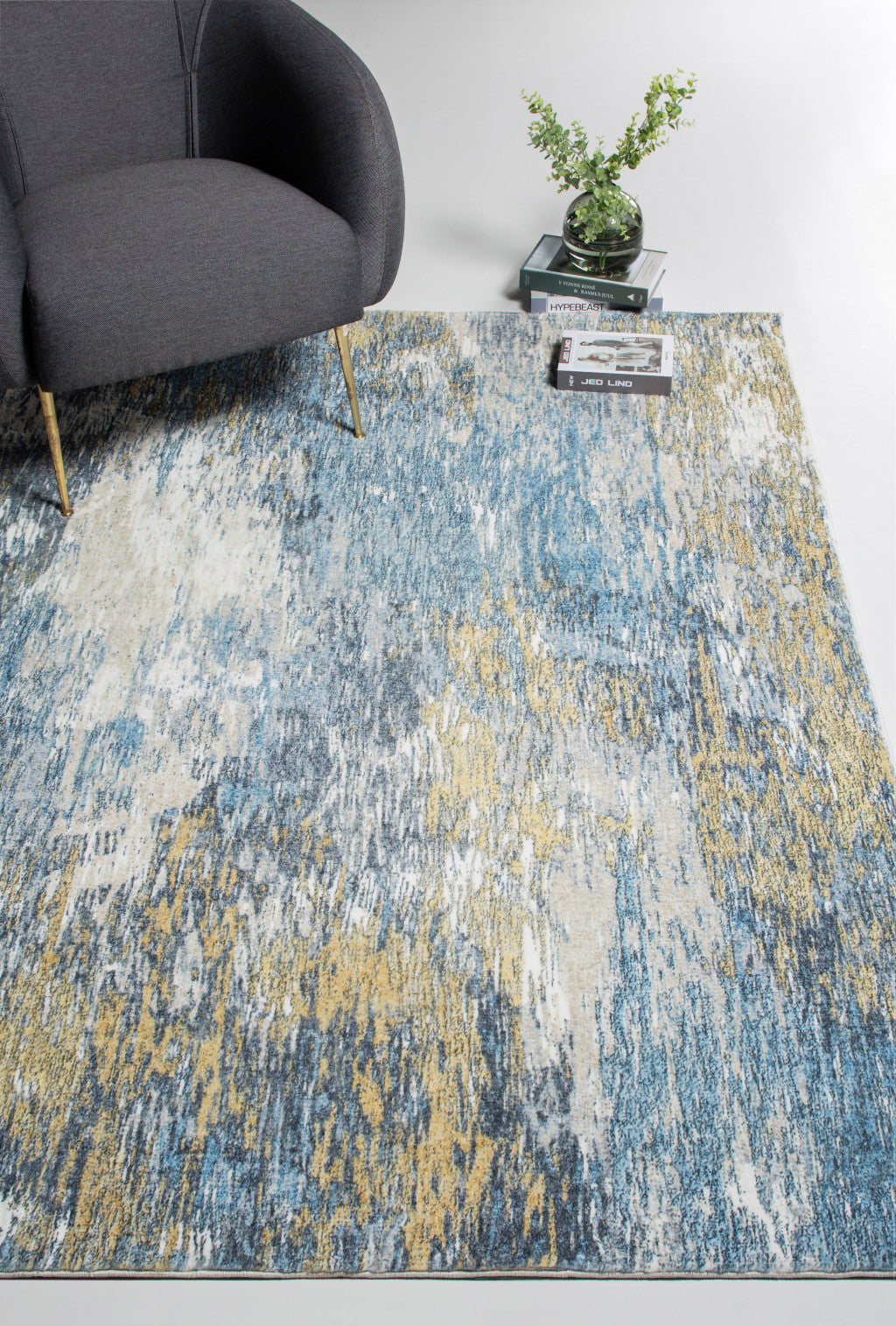 HomeRoots 2' x 7' Blue Gold Abstract Painting Modern Runner Rug