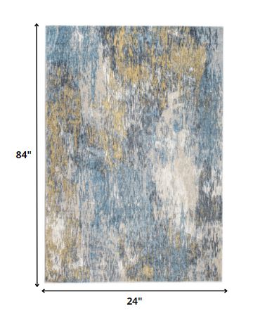 HomeRoots 2' x 7' Blue Gold Abstract Painting Modern Runner Rug