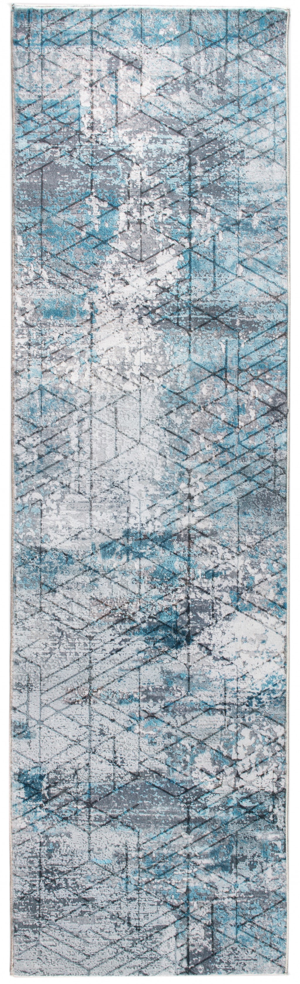 HomeRoots 2' x 7' Blue Gray Abstract Cuboid Modern Runner Rug