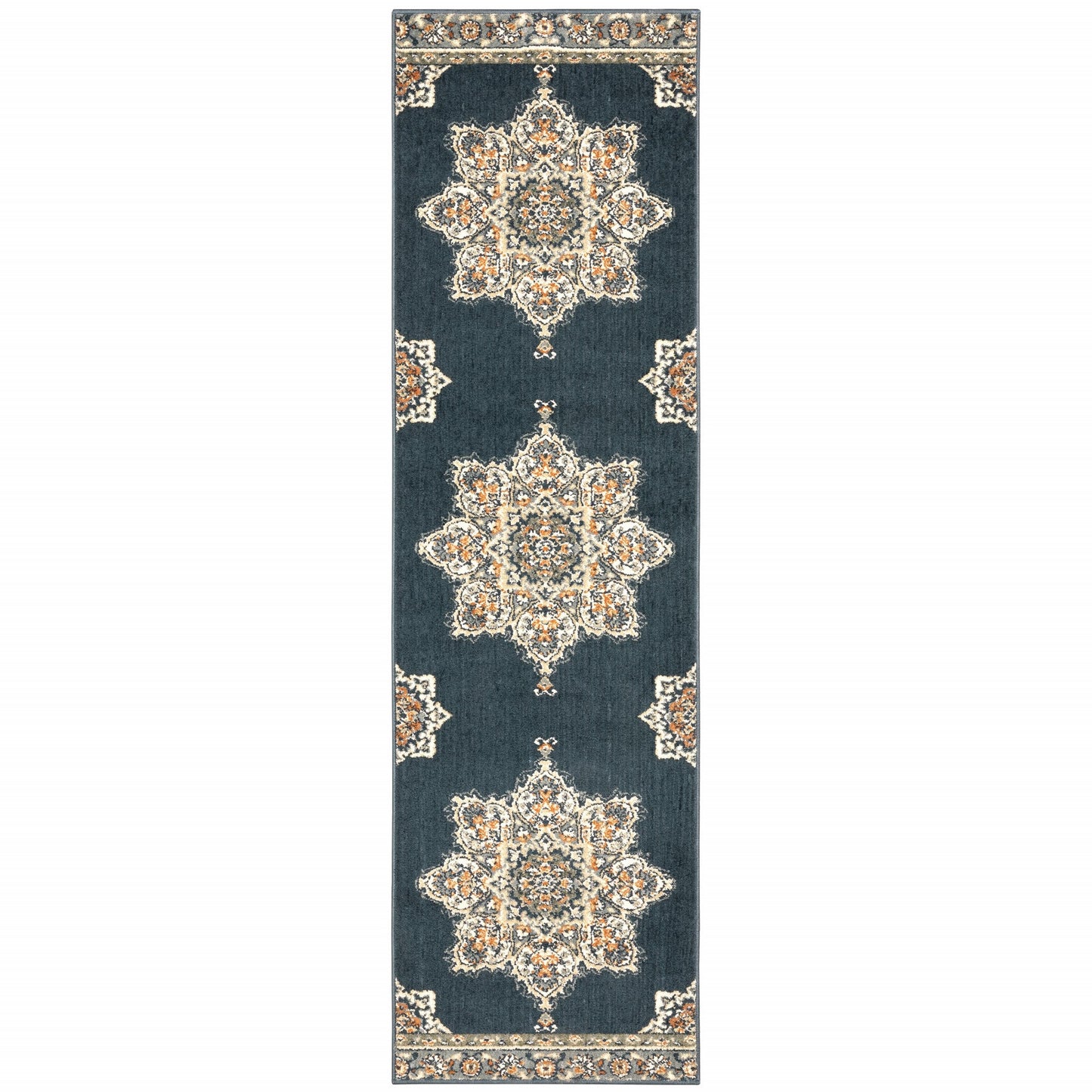 HomeRoots 2' x 7' Blue and Beige Floral Medallion Indoor Runner Rug