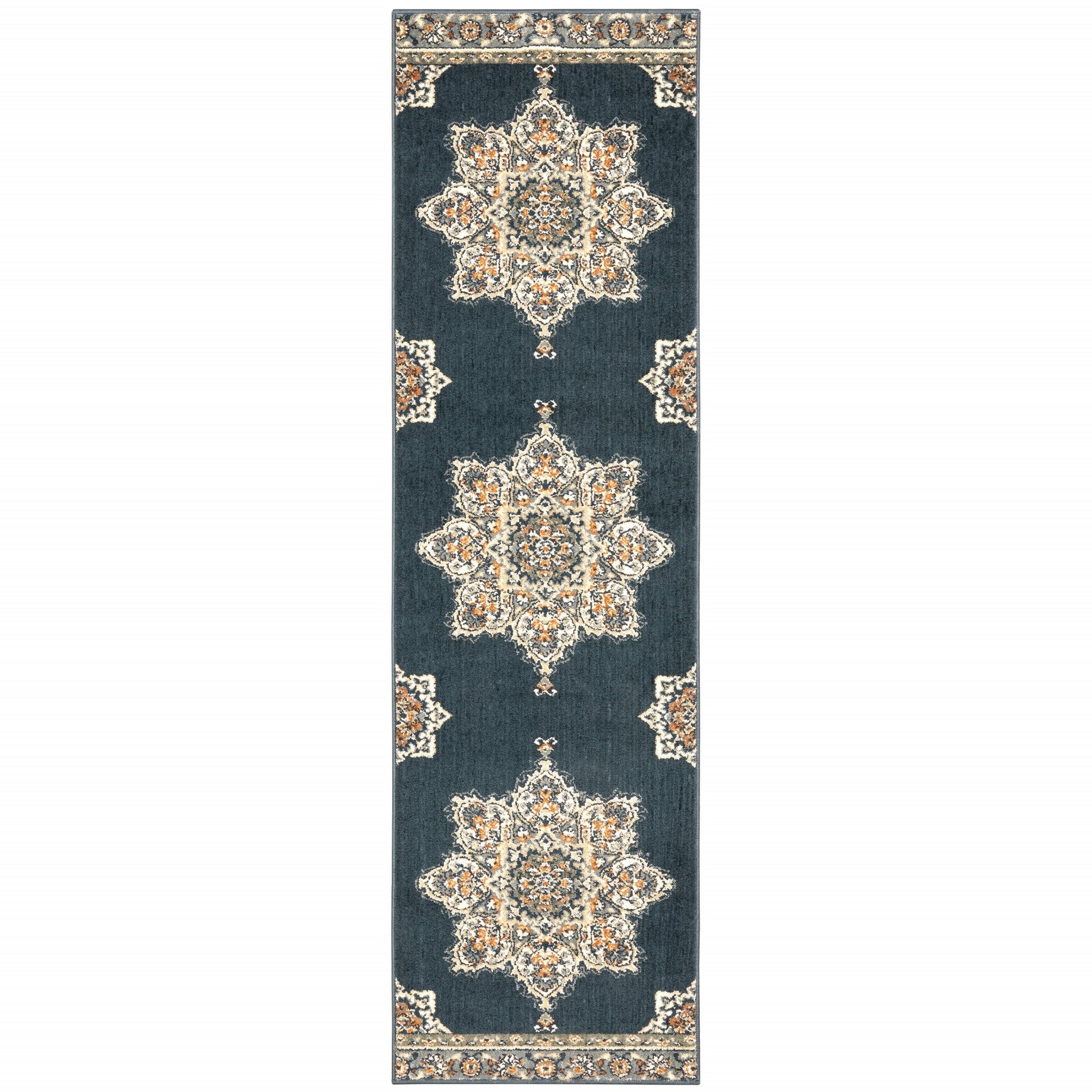 HomeRoots 2' x 7' Blue and Beige Floral Medallion Indoor Runner Rug