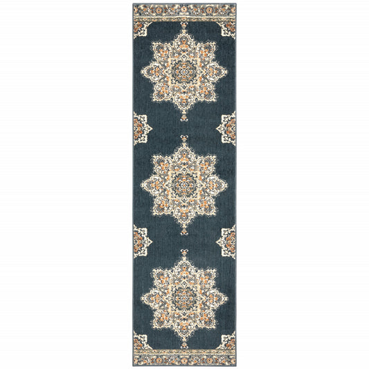 HomeRoots 2' x 7' Blue and Beige Floral Medallion Indoor Runner Rug