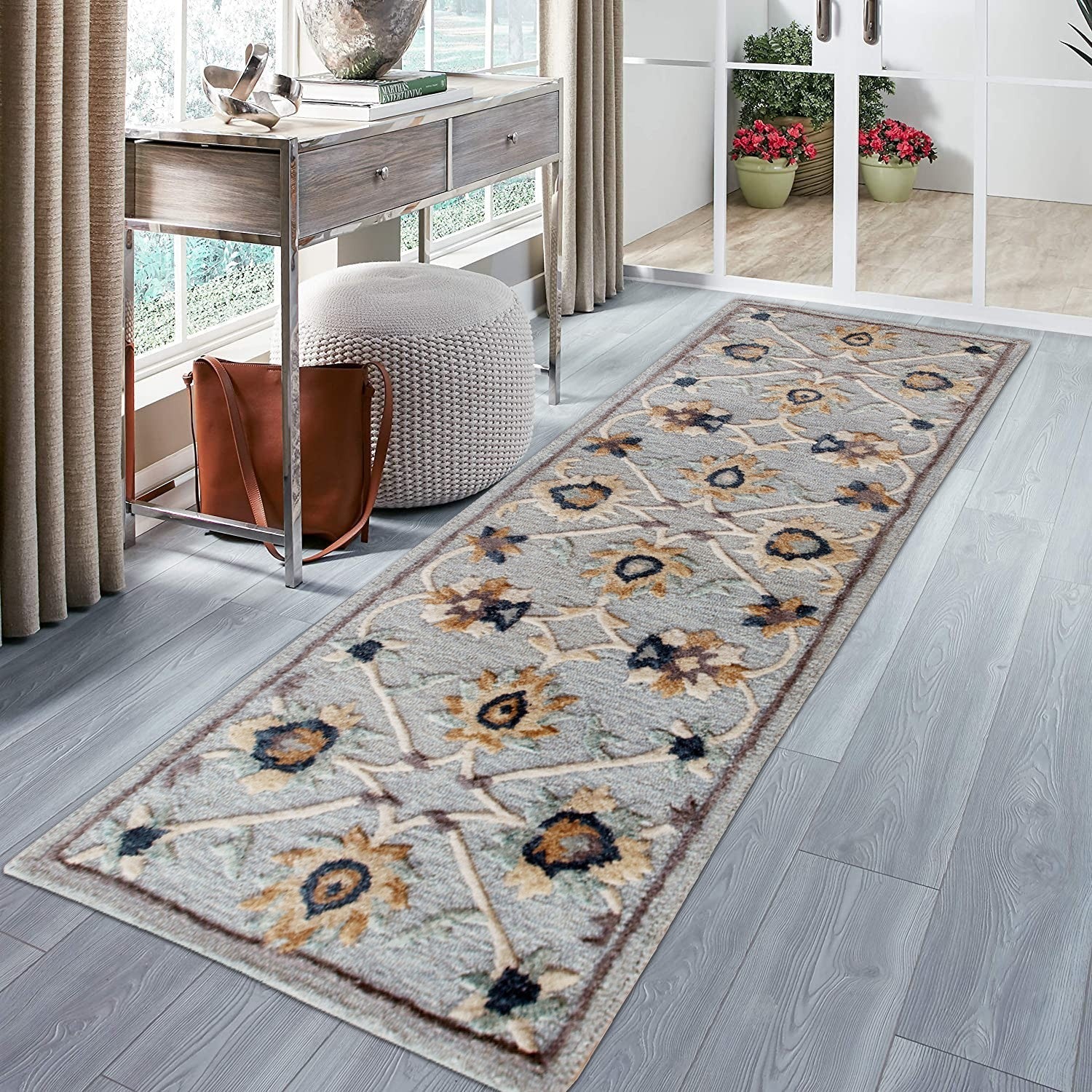 HomeRoots 2' x 7' Blue and Beige Floral Runner Rug