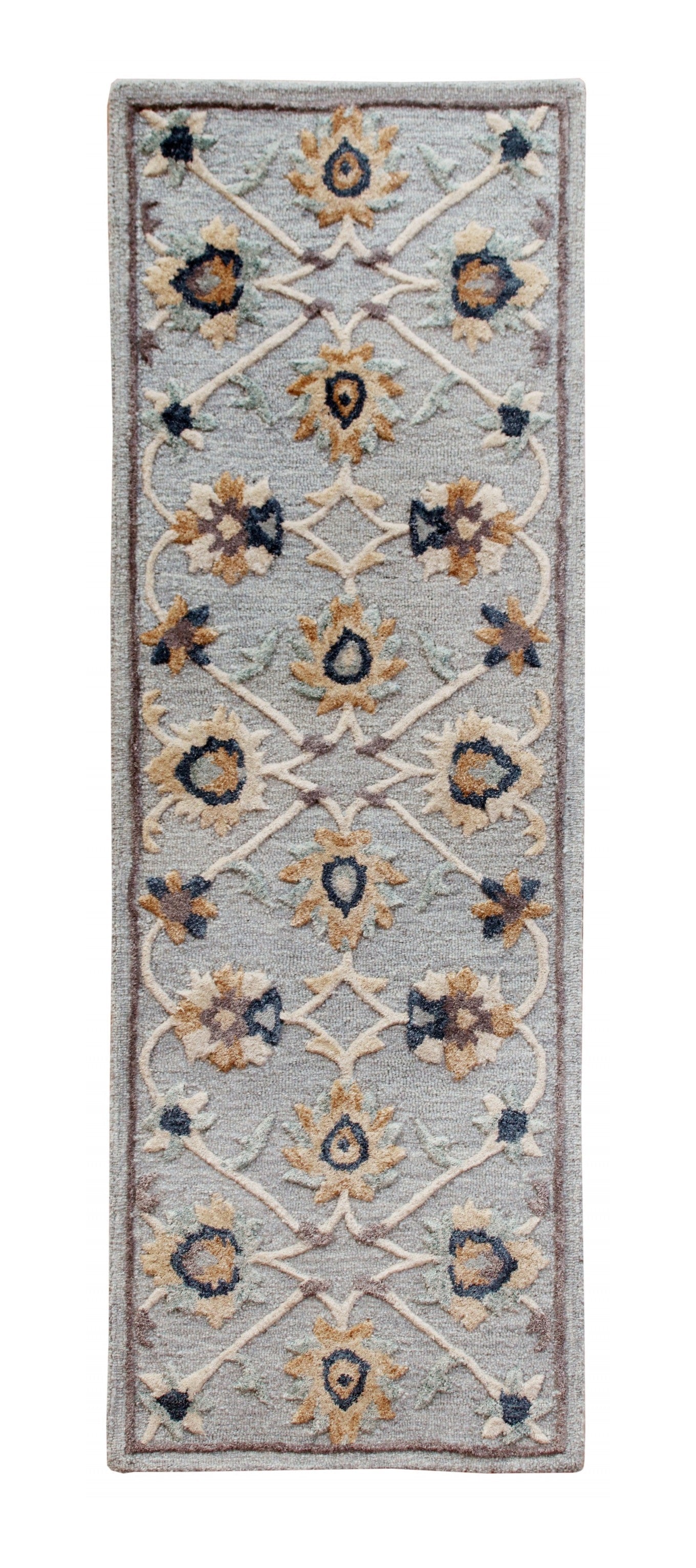 HomeRoots 2' x 7' Blue and Beige Floral Runner Rug