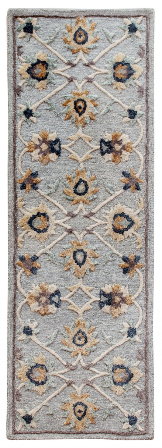 HomeRoots 2' x 7' Blue and Beige Floral Runner Rug