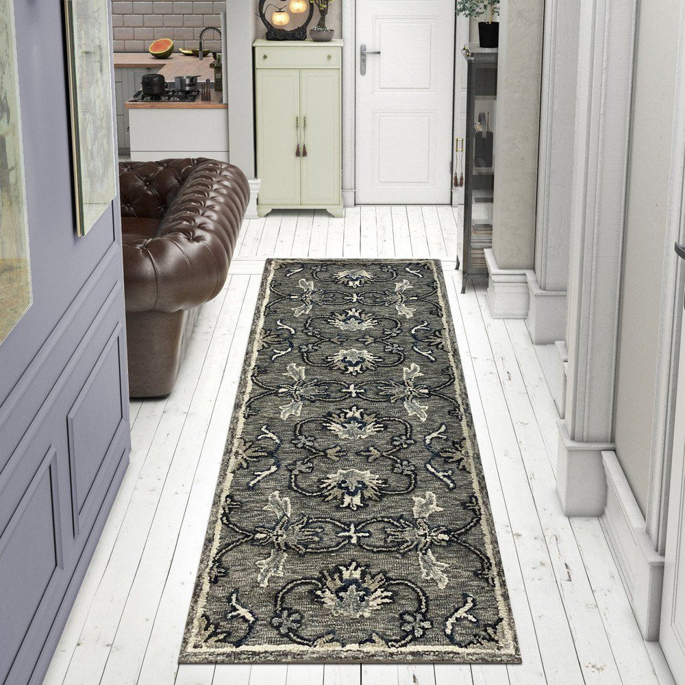 HomeRoots 2' x 7' Gray Floral FIligree Runner Rug