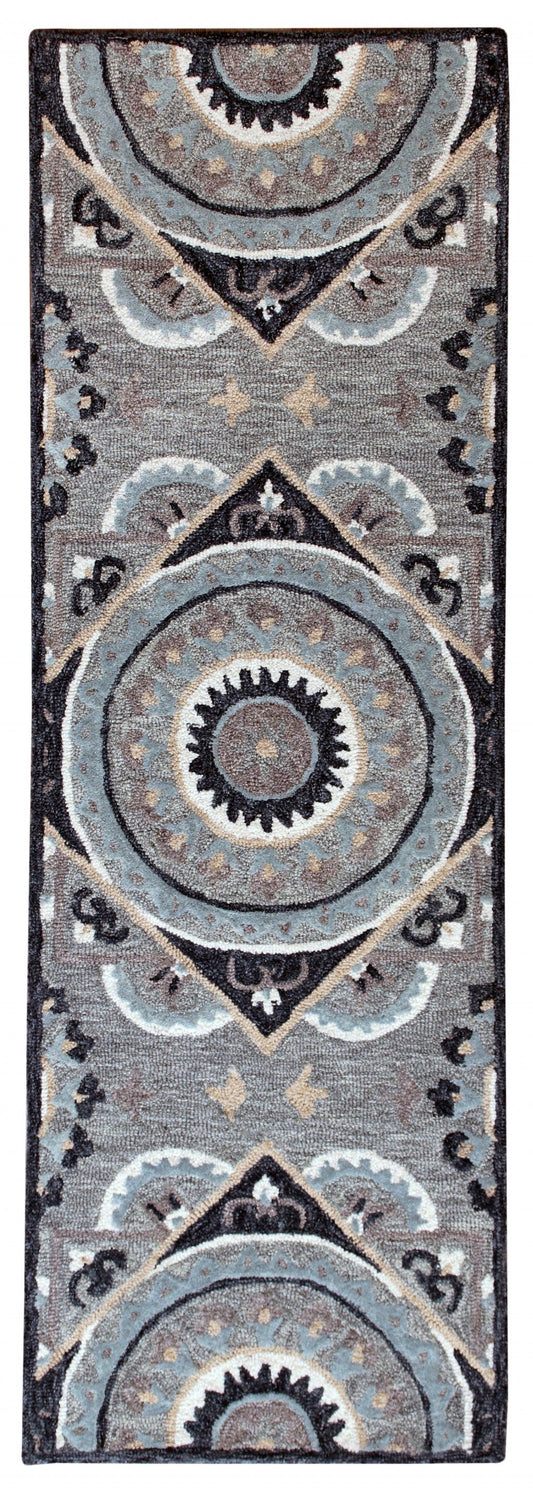 HomeRoots 2' x 7' Gray Geometric Medallion Runner Rug