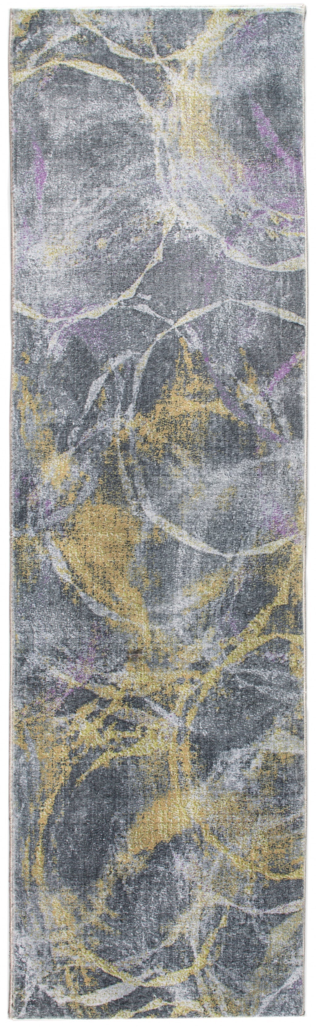 HomeRoots 2' x 7' Gray Gold Abstract Rings Runner Rug