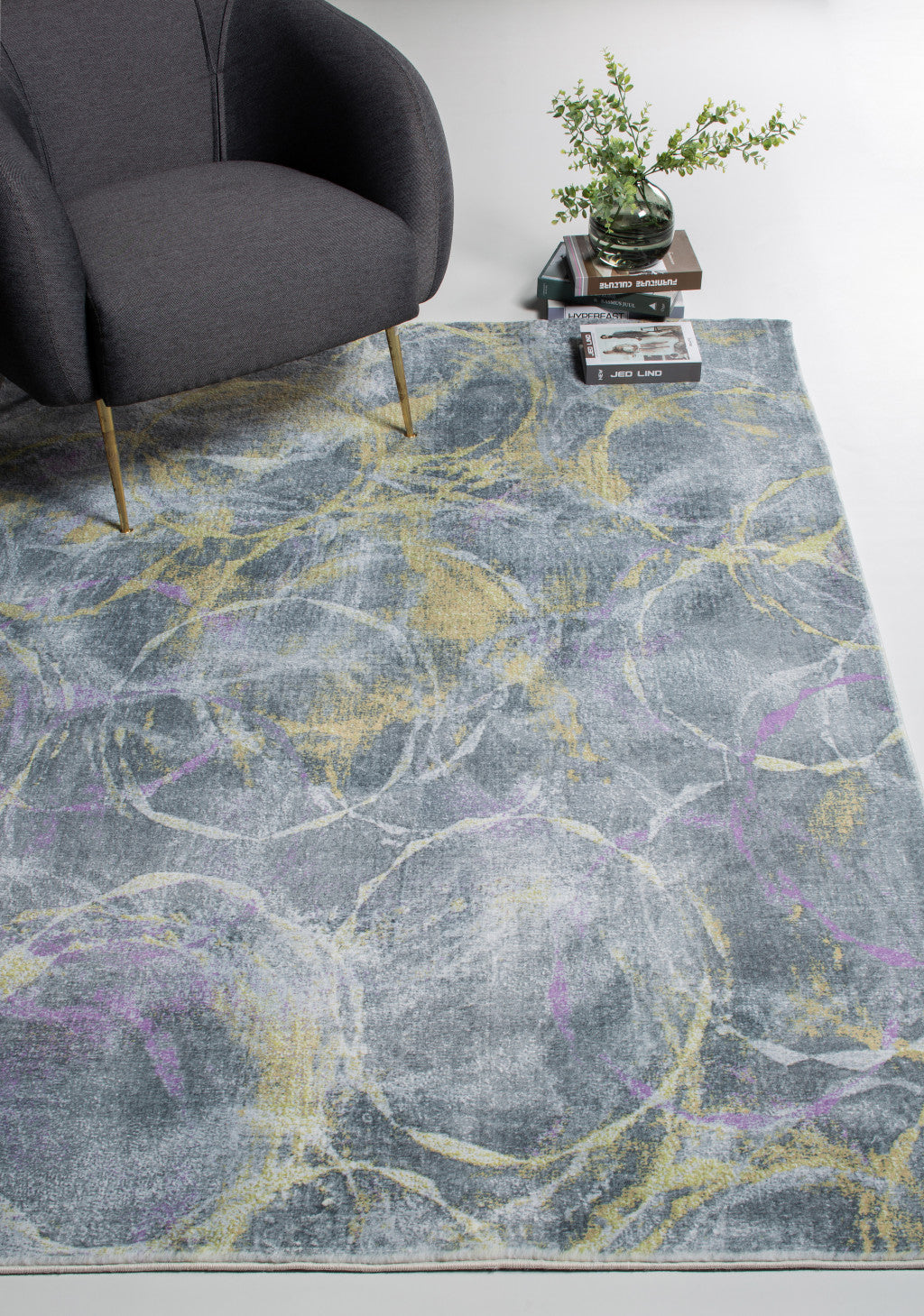 HomeRoots 2' x 7' Gray Gold Abstract Rings Runner Rug