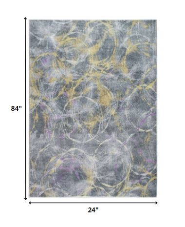 HomeRoots 2' x 7' Gray Gold Abstract Rings Runner Rug