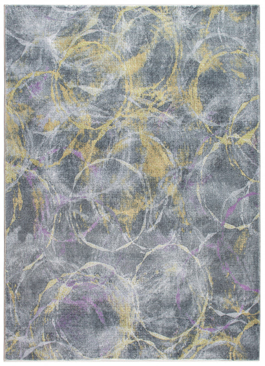 HomeRoots 2' x 7' Gray Gold Abstract Rings Runner Rug