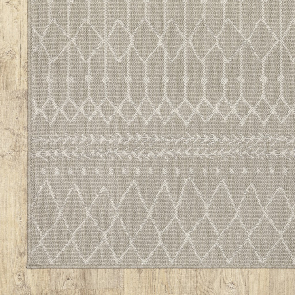 HomeRoots 2' x 7' Gray and Ivory Geometric Indoor Outdoor Runner Rug