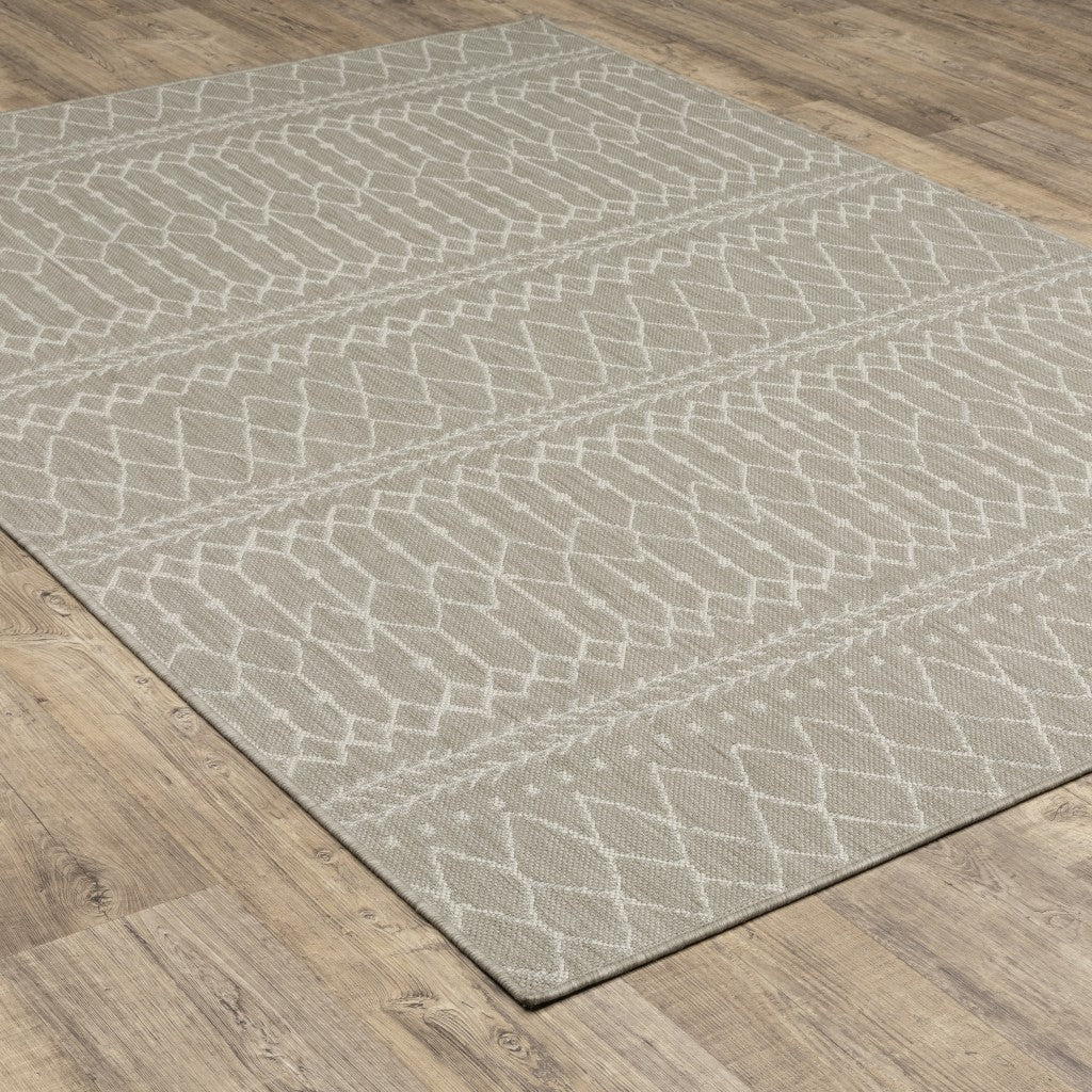 HomeRoots 2' x 7' Gray and Ivory Geometric Indoor Outdoor Runner Rug