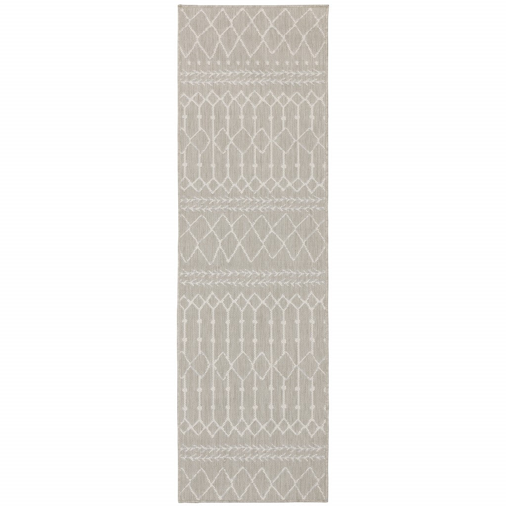 HomeRoots 2' x 7' Gray and Ivory Geometric Indoor Outdoor Runner Rug