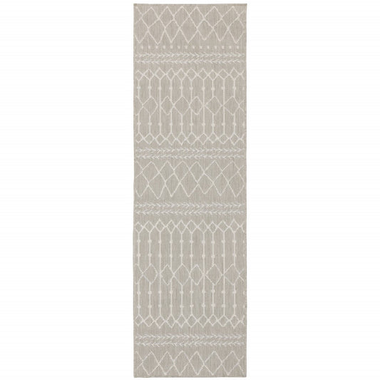 HomeRoots 2' x 7' Gray and Ivory Geometric Indoor Outdoor Runner Rug