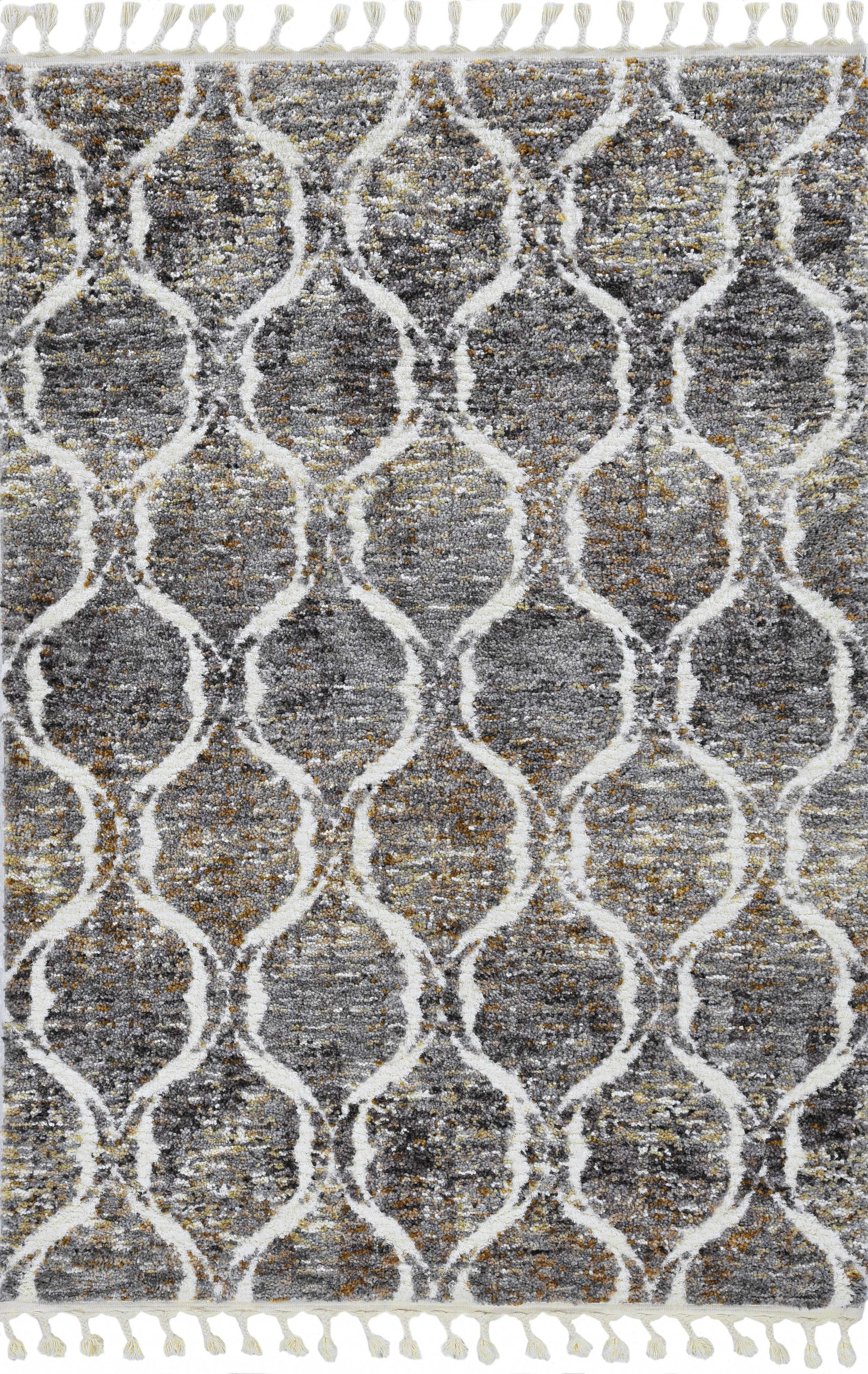 HomeRoots 2' x 7' Grey or Sand Wavy Line Runner Rug with Fringe