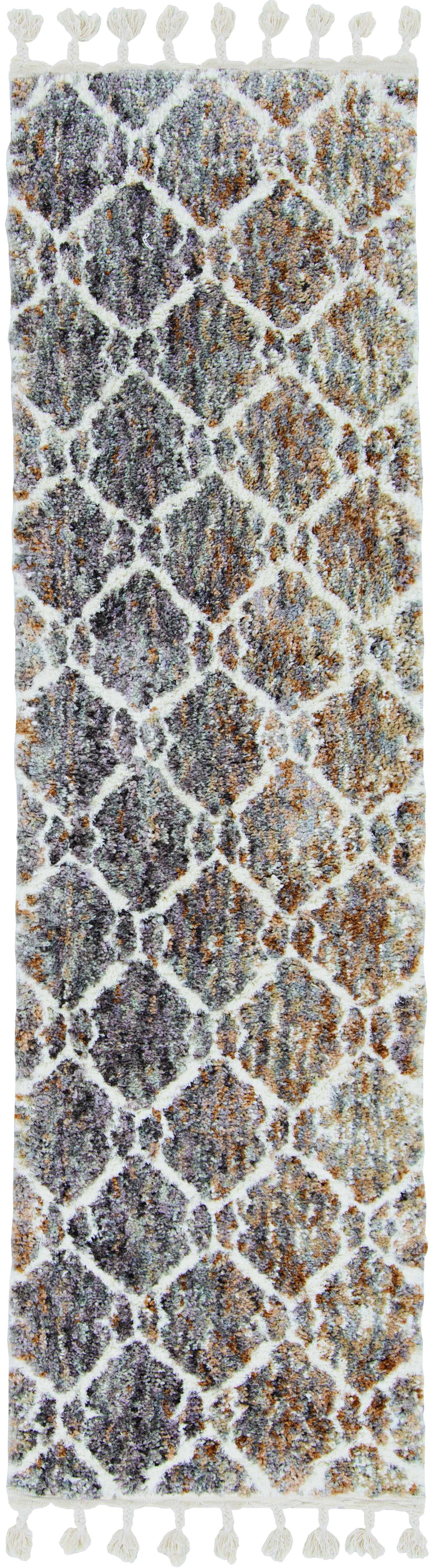 HomeRoots 2' x 7' Grey or Sand Wavy Line Runner Rug with Fringe