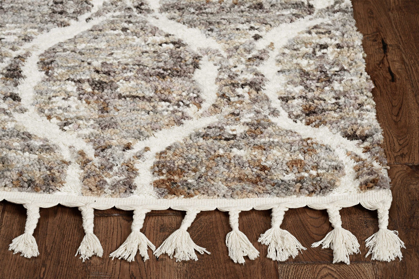HomeRoots 2' x 7' Grey or Sand Wavy Line Runner Rug with Fringe