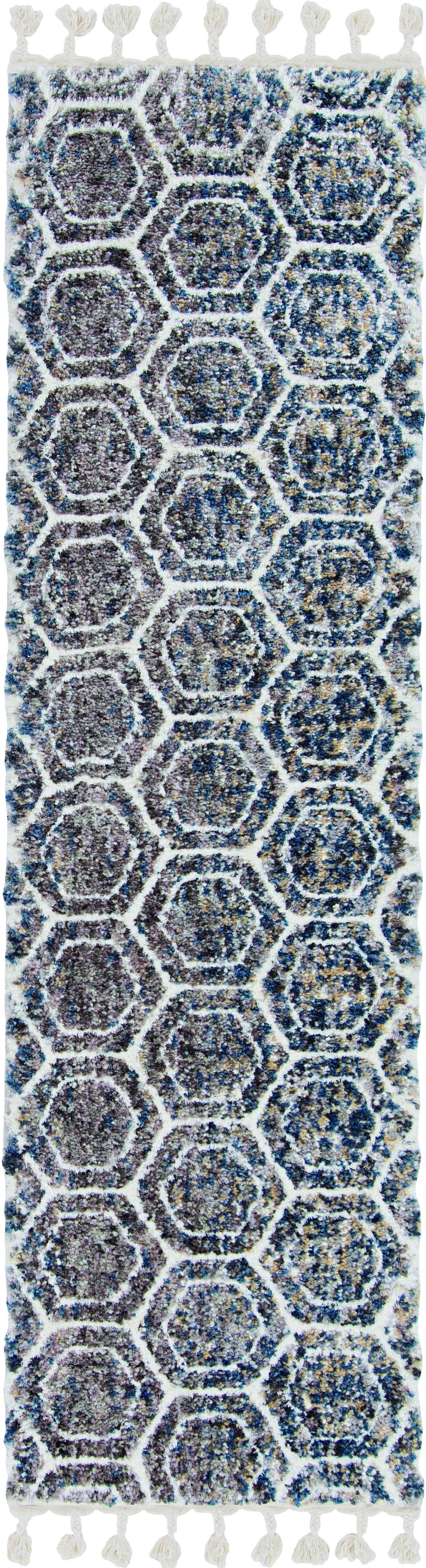 HomeRoots 2' x 7' Grey or Teal Geometric Hexagon Runner Rug with Fringe