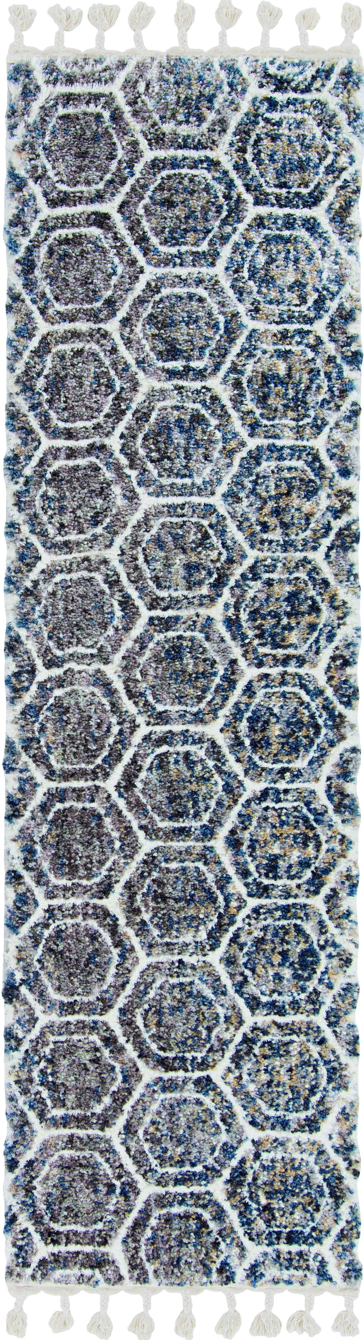 HomeRoots 2' x 7' Grey or Teal Geometric Hexagon Runner Rug with Fringe