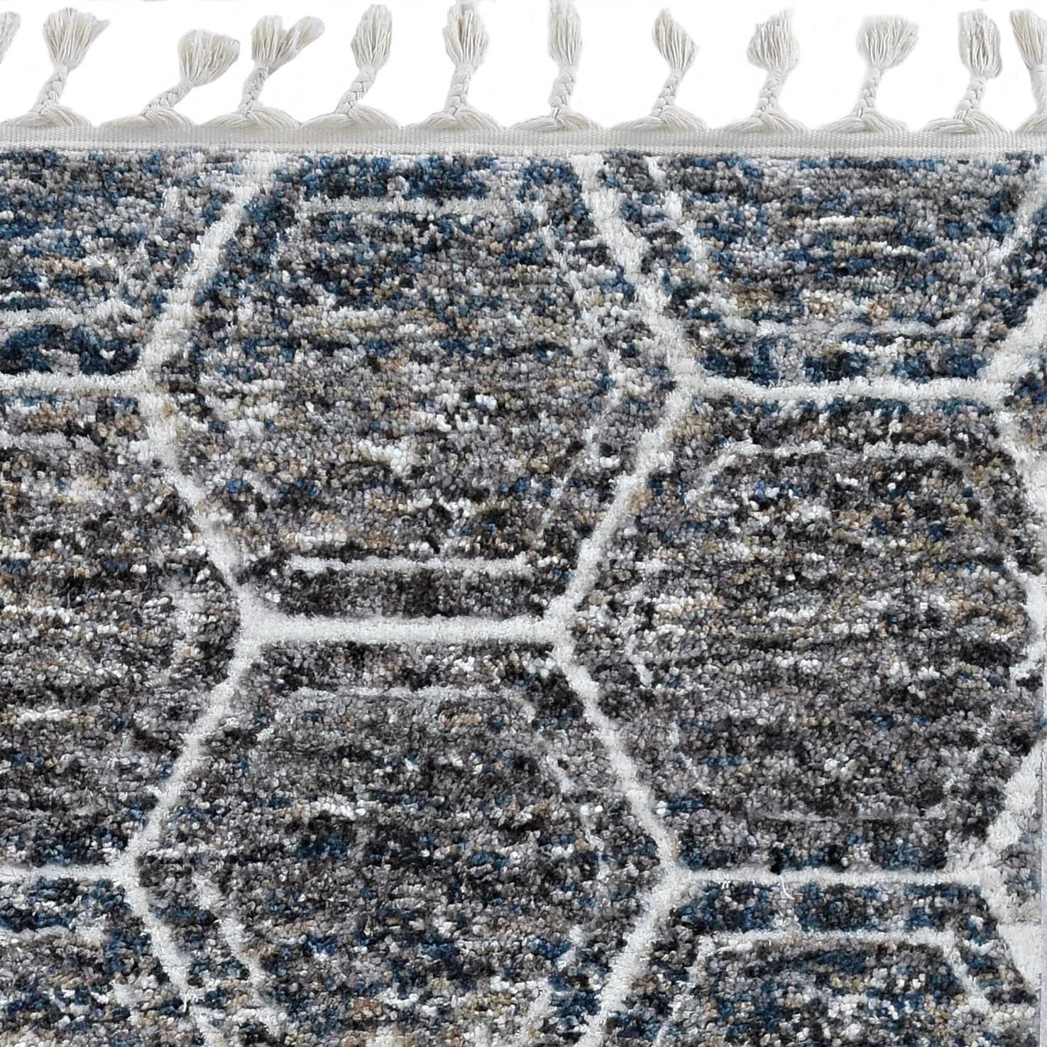 HomeRoots 2' x 7' Grey or Teal Geometric Hexagon Runner Rug with Fringe
