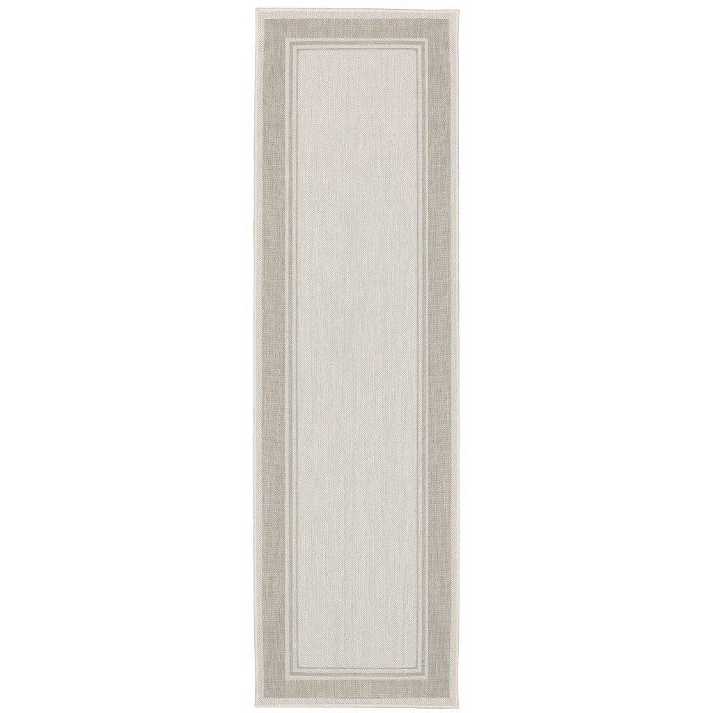 HomeRoots 2' x 7' Ivory and Gray Bordered Indoor Outdoor Runner Rug